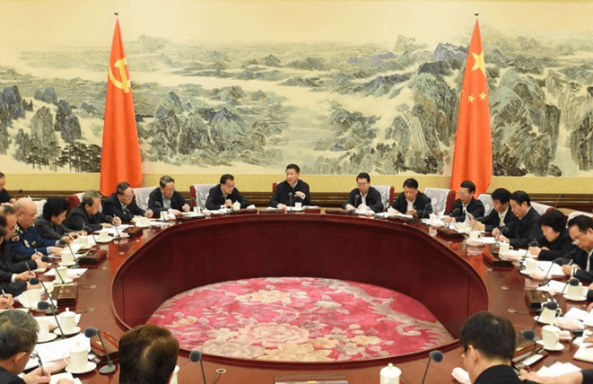   Xi Jinping (C), general secretary of the Communist Party of China Central Committee, presides over a meeting of the Political Bureau of the Central Committee held on Oct 24, 2019, aimed at learning blockchain technology.